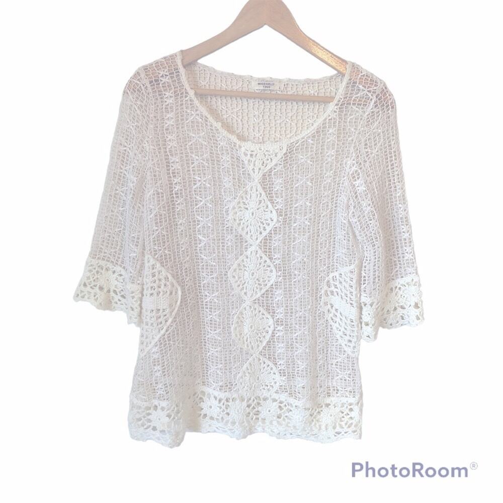Miss Kelly Top Women’s Large White Lacy Boho Sheer Top Shirt Cottage Grandma VTG